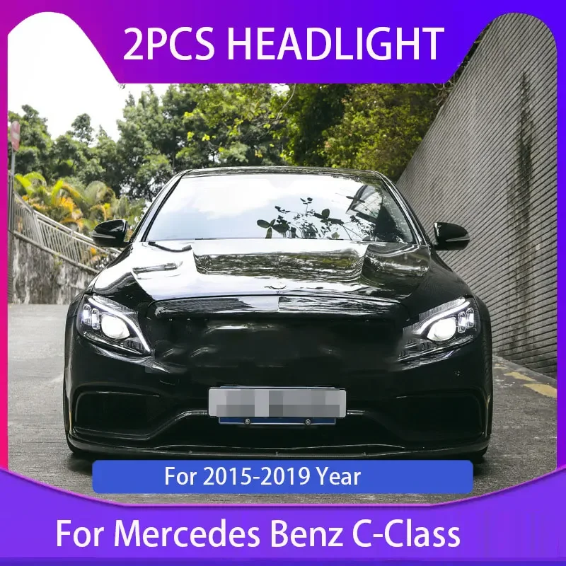 Car Lights For W205 C Class S205 2015-2020 LED Headlights DRL Dynamic Turn Signal Lamp Low Beam High Beam Projector Lens Upgrade