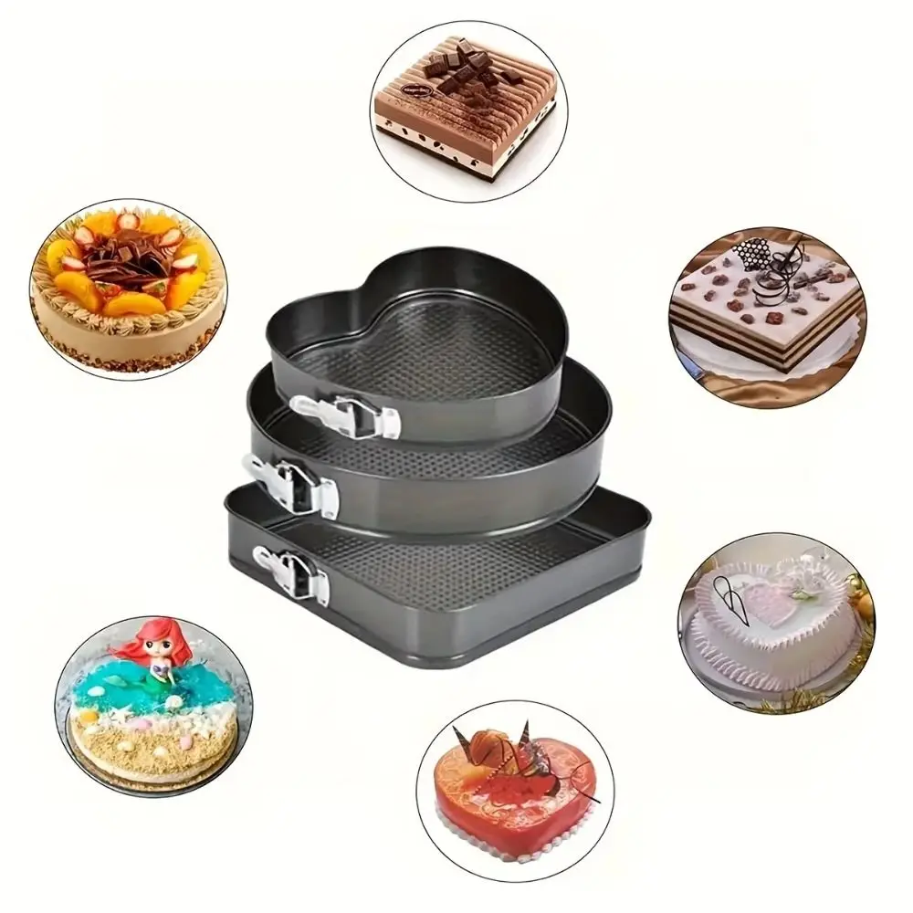 

3pcs Carbon Steel Cake Mold Baking Tools Removable Bottom Heart Round Square Cake Embryo Mold Set Flexible Multi-purpose