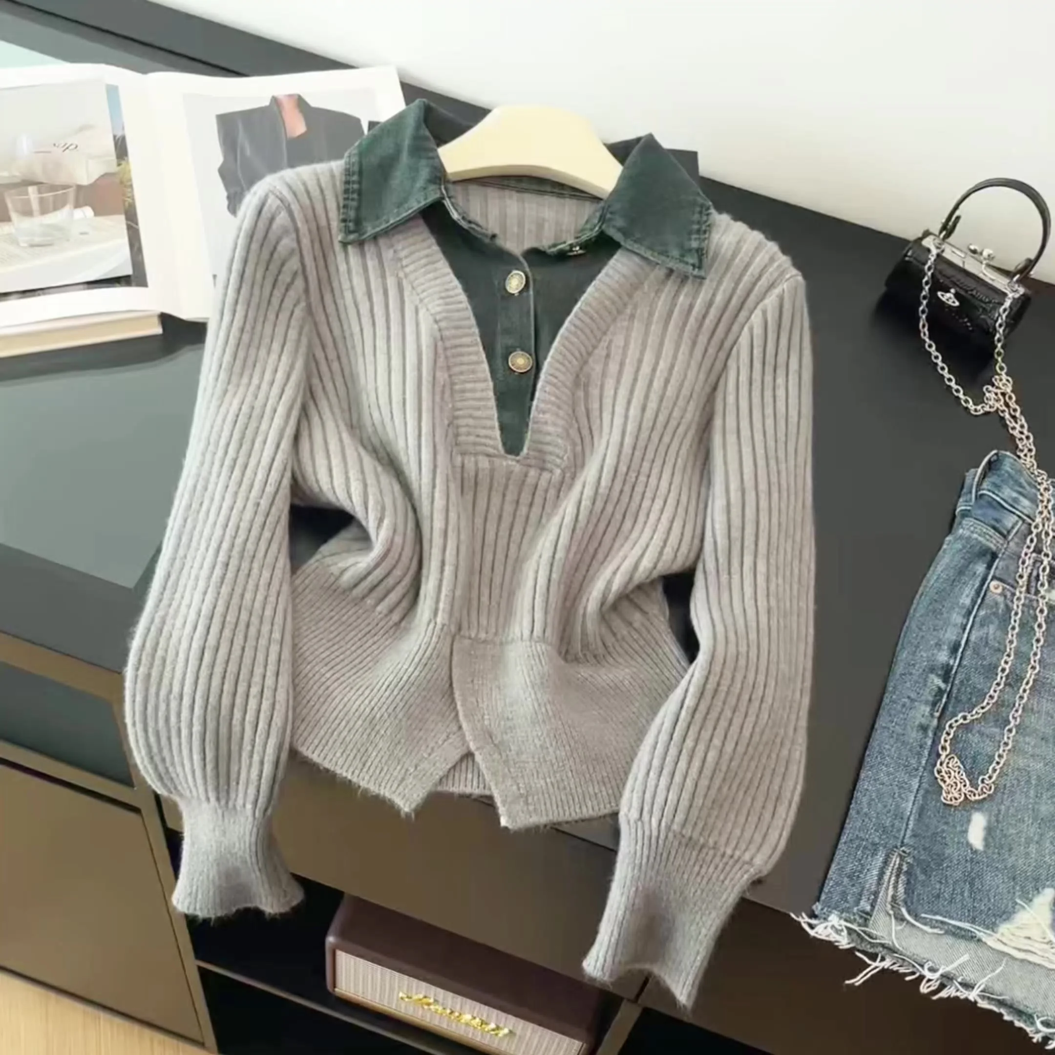 

Women's Grey Cardigan 2000s Vintage Korean Style Jumper Knit Outerwear Long Sleeves Denim Patchwork Cashmere Sweater For Women