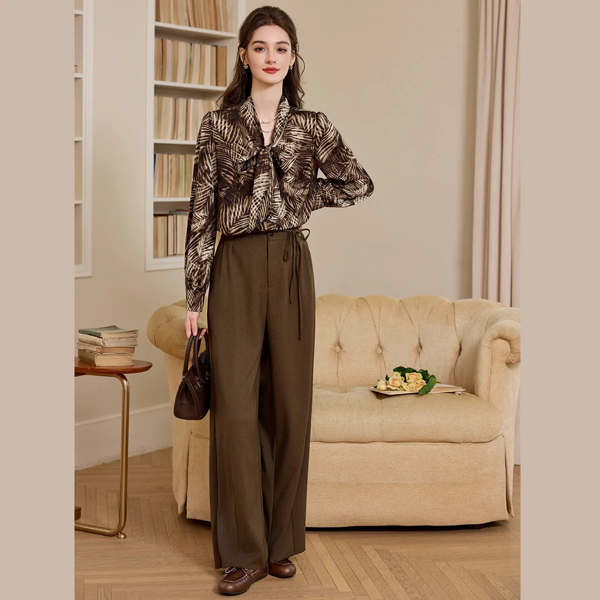 Louisyao camisa impressa feminina requintada 2026 outono topos elegante sofisticado arco colarinho design-forward blusas de manga longa