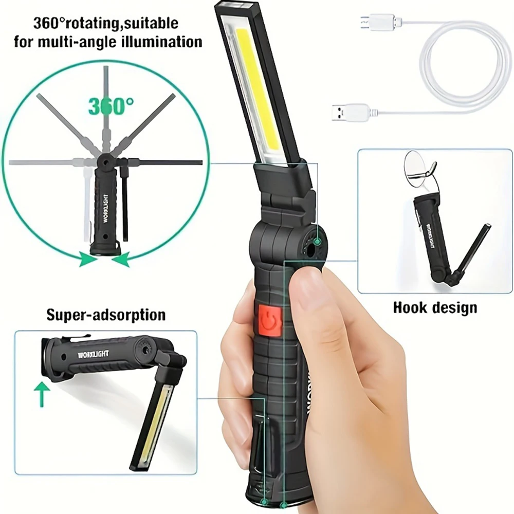 2Pack Rechargeable LED Work Lights with Magnetic Base, 360° Rotation COB Flashlight  for Car Repair Camping LED Torch Work Light