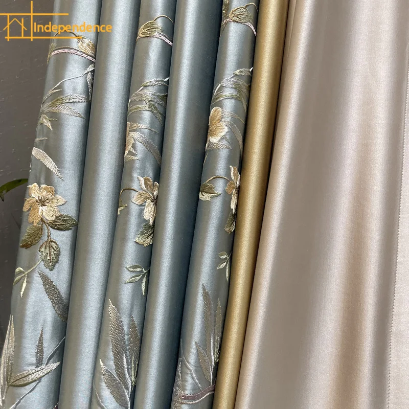 

New Chinese Style Embroidered Window Screen Light Blue Embroidered Patched Curtains for Living Room Bedroom French Window Study