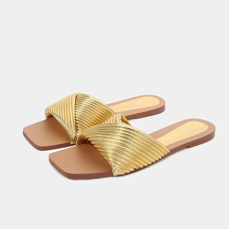 2024 Summer New Women\'s Slippers Golden Square Head Flats Flip Flops Shoes Wearing Open Toe Flat Sandals For Women Sandalias