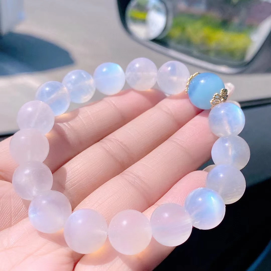 Natural Blue Light Moonstone Clear Round Beads Bracelet 12mm Women Men Stretch Crystal Aquamarine Clear Beads Bracelet AAAAAA