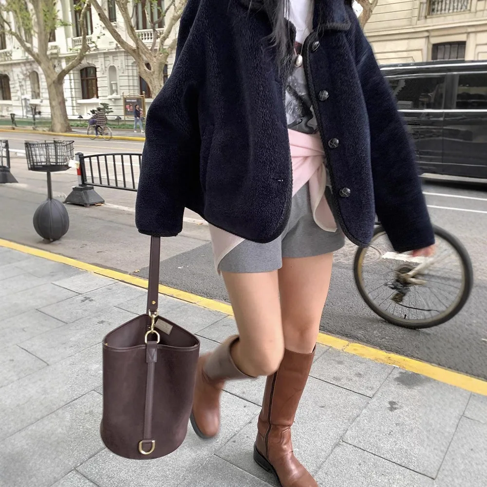 

Женский костюм с меховым воротником ягненка, корейский теплый костюм на одной пуговице, осень-зима, Новое поступление, верхняя одежда из полиэфирного волокна