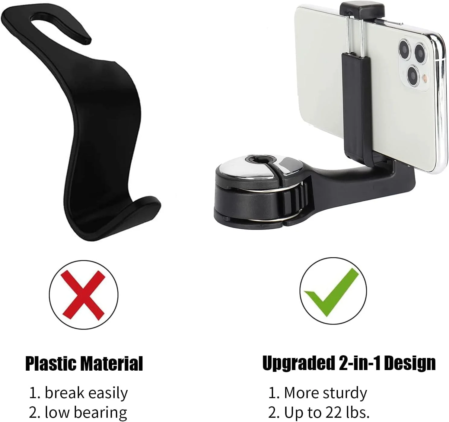 1-2 pack of concealed car headrest hooks, 2-in-1 car seat hooks with phone holder, suitable for wallets, backpacks, toys, and ev