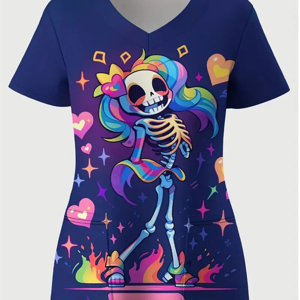 Halloween Surgical Uniforms Woman Cartoon Print Fashions Nurse Casual V-Neck Short Sleeve Patch Contest Clinical Uniform Woman