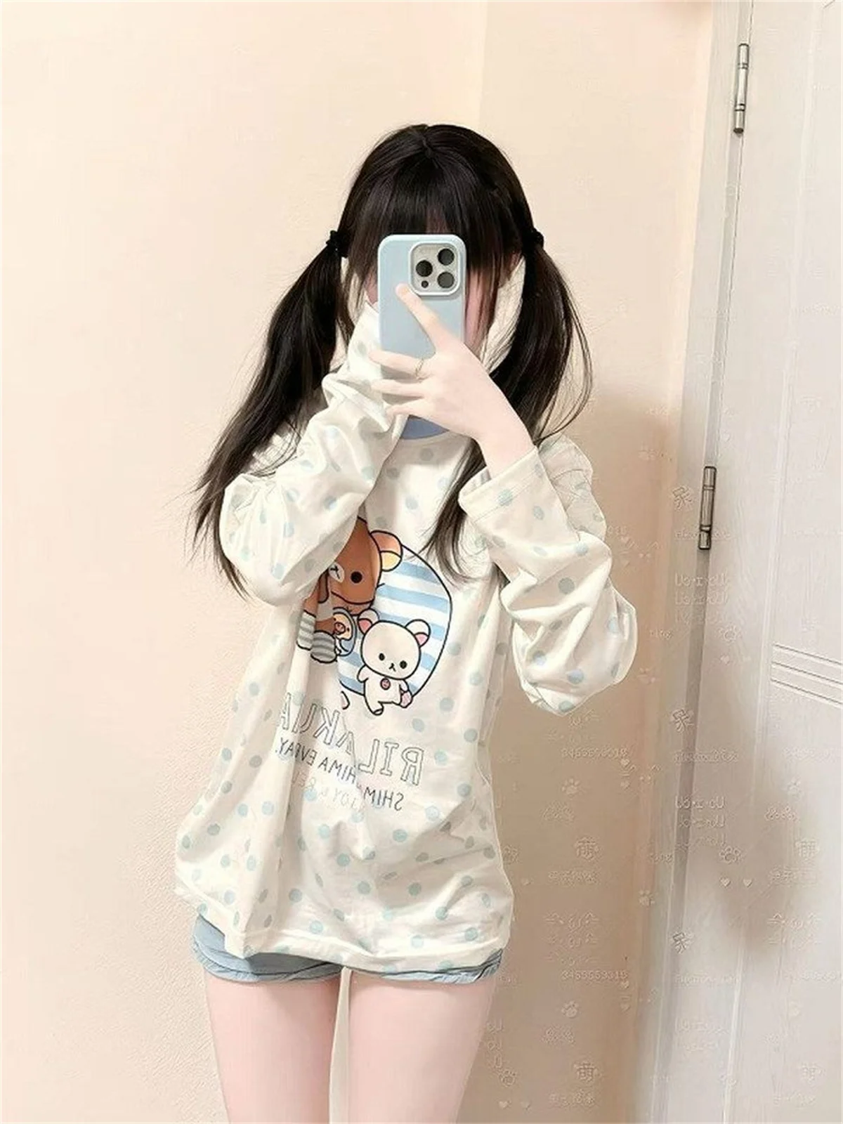 Japanese Cute Polka Dot Bear Print Tshirts 2000s Y2k Aesthetic Sweet Kawaii Pullover Tee E-girls Loose Casual Top Ropa Mujer