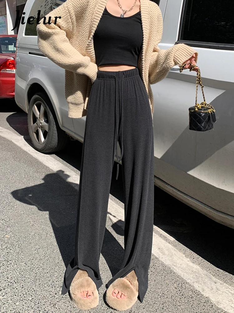 

Jielur Straight Slim Loose High Waist Women's Pants Summer Solid Color Casual Wide Leg Pants Y2k Floor Length Drawstring Pant