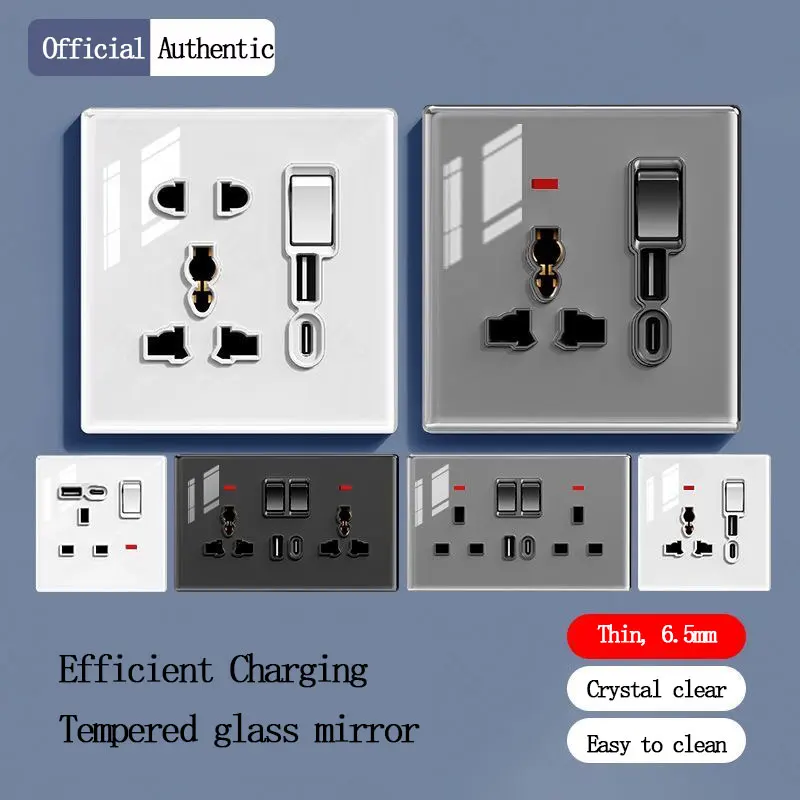 BLACK GREY Concealed Wall 86/146 Type Multi-Function Socket with 3/5-Hole Tempered Glass Panel And USB Type-C 20W Fast Charging