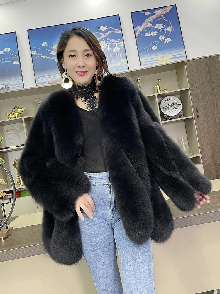 Hot selling new imported Finnish blue fox long-sleeved jacket V-neck mid-length fur drop classic style fox fur jacket