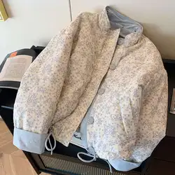 Blue Printed Stand Up Collar Cotton Jacket For Women's Winter 2024 New Casual Loose Korean Version Sweet Warm Cotton Jacket