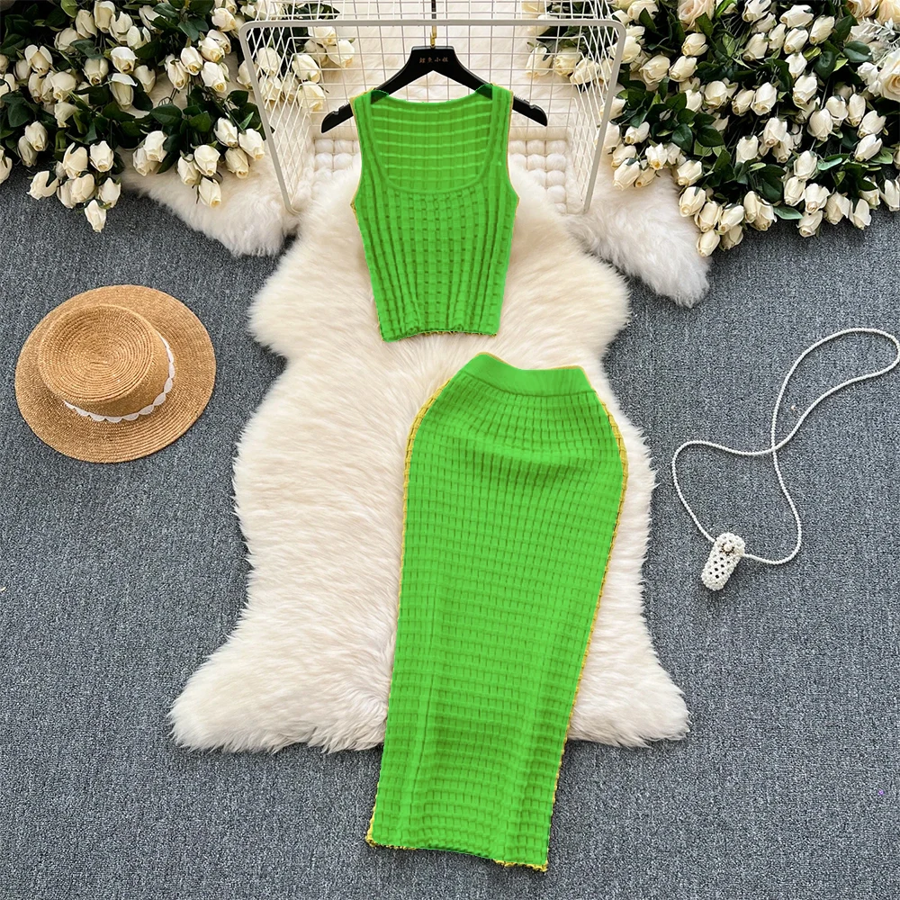 2024 New Summer Retro Knitted Two Pieces Sets Sleeveless Short Top+High Waist Slim Long Skirts Female Hotsweet Suits