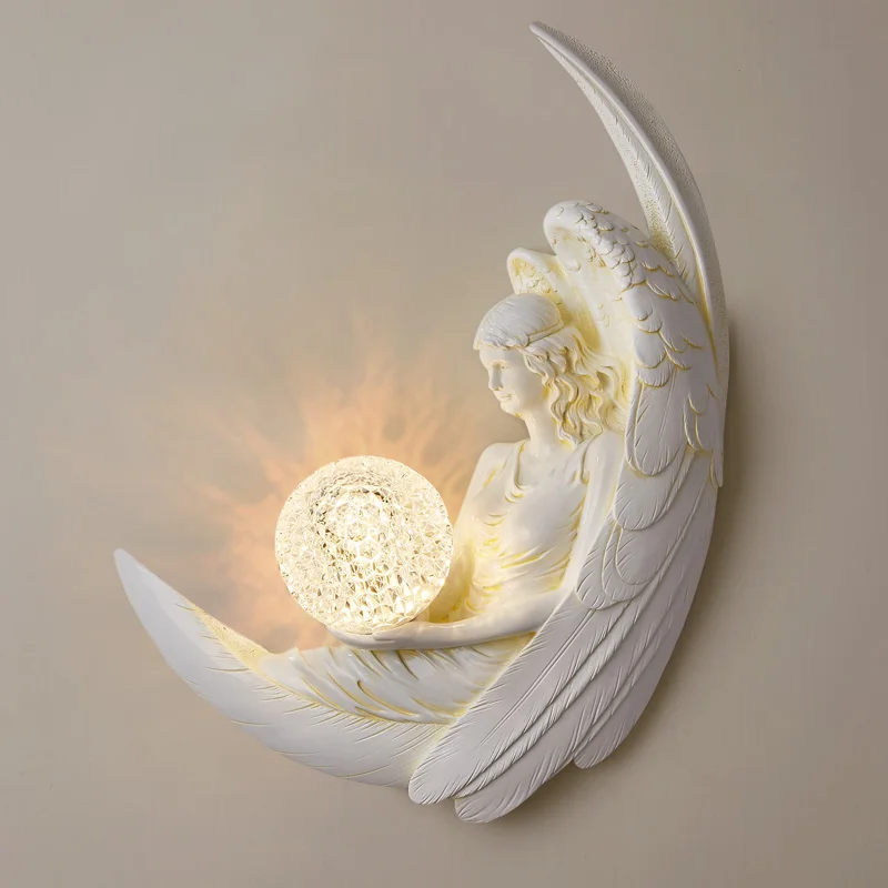 Modern Resin Angel Moon Wall Lamp for Bedroom Bedside Led Crystal Wall Lights for Home Art Decor Bathroom Sconce Mirror Light