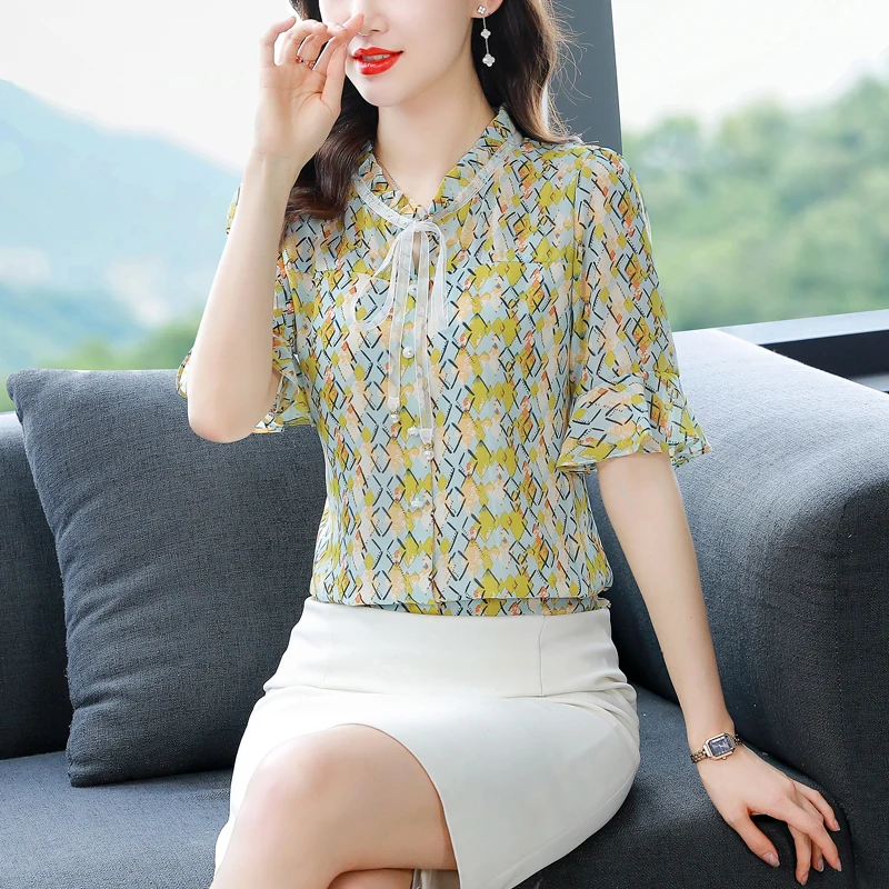 Women\'s Korean Fashion Print Ruffle Lace Up Blouse 2024 New Summer Elegant Short Sleeve Shirt Chic Slim Sweet Tops Casual Blusas