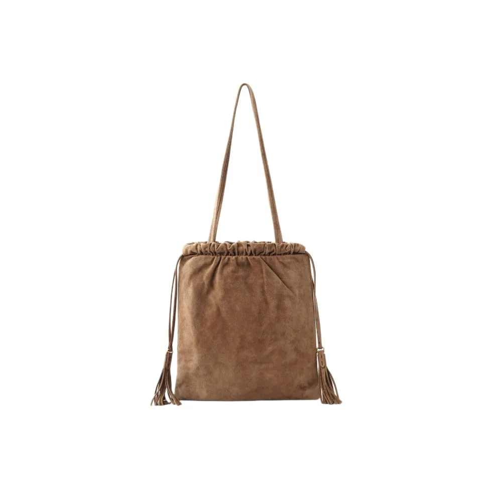 Vintage Genuine Leather Suede Bucket Bag for Women,Drawstring Shoulder Tote Bag,Large Capacity Fringe Crossbody Handbag,