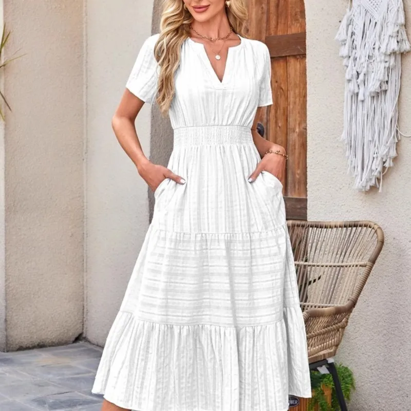 

New Summer Pockets Long Dress Women Fashion Elegant Beach Vacation Party Dress Casual Short Sleee V-neck Solid Loose Maxi Dress