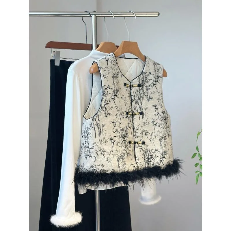 

Высококачественный китайский хлопковый жилет с круглым вырезом, белой отделкой, модная новая верхняя одежда с воротником-стойкой, с принтом, из полиэстера.