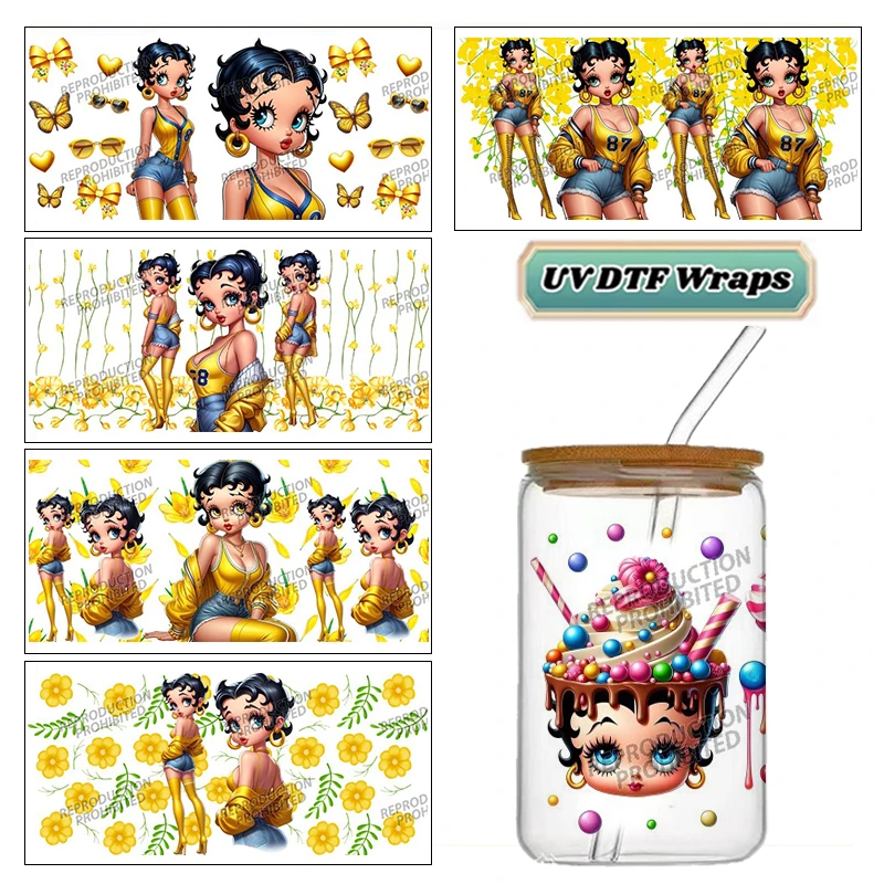 Vintage Girl Yellow Flower Butterfly UV DTF Transfer Wraps Easy Apply Fade Resistant For 16oz Glass Jar DIY Cup Stickers