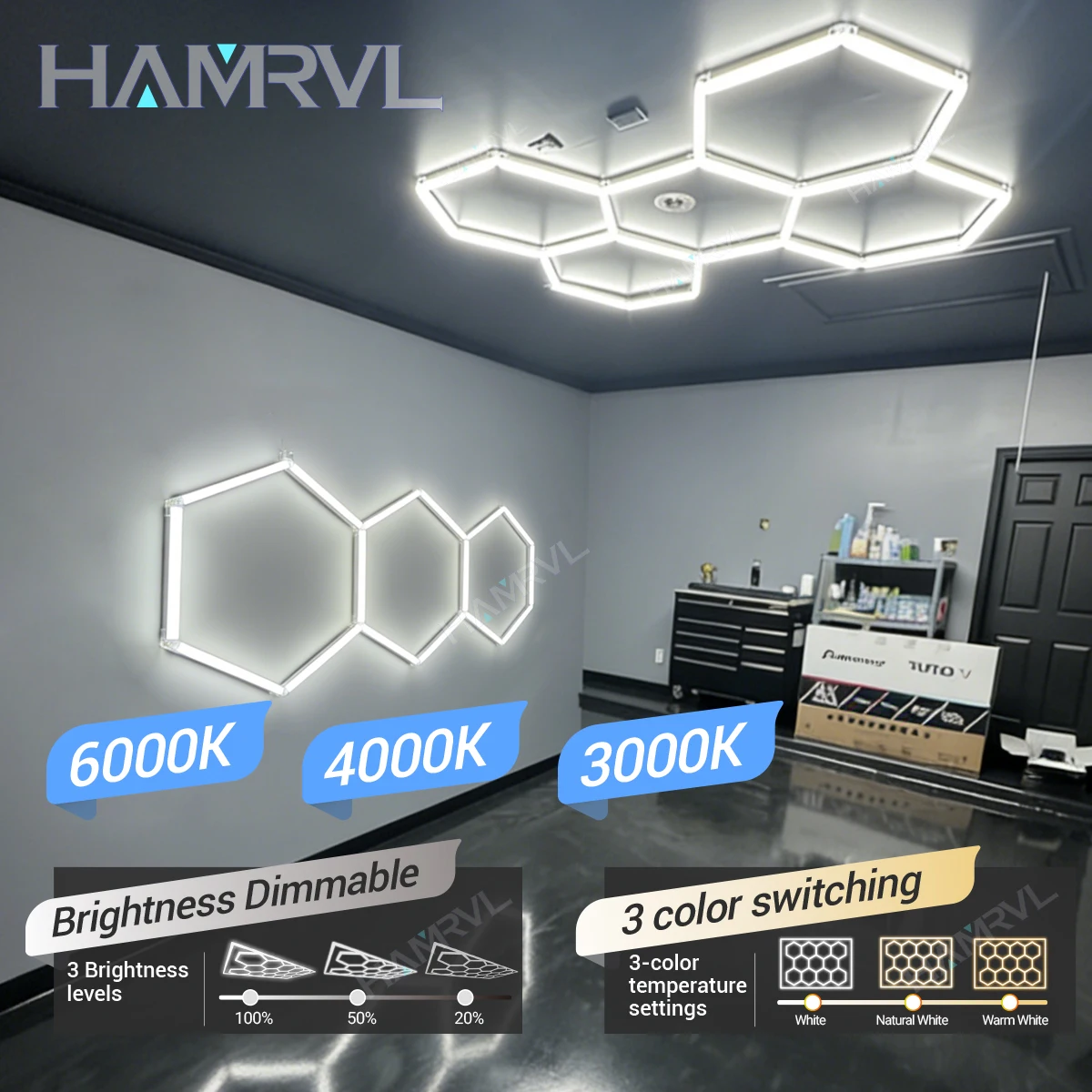 

Dimmable Garage Hexagon Led Lighting 3000K4000K6000K 3 change color for Barber Workshop Office Gym Ceiling Lights Honeycomb Tube