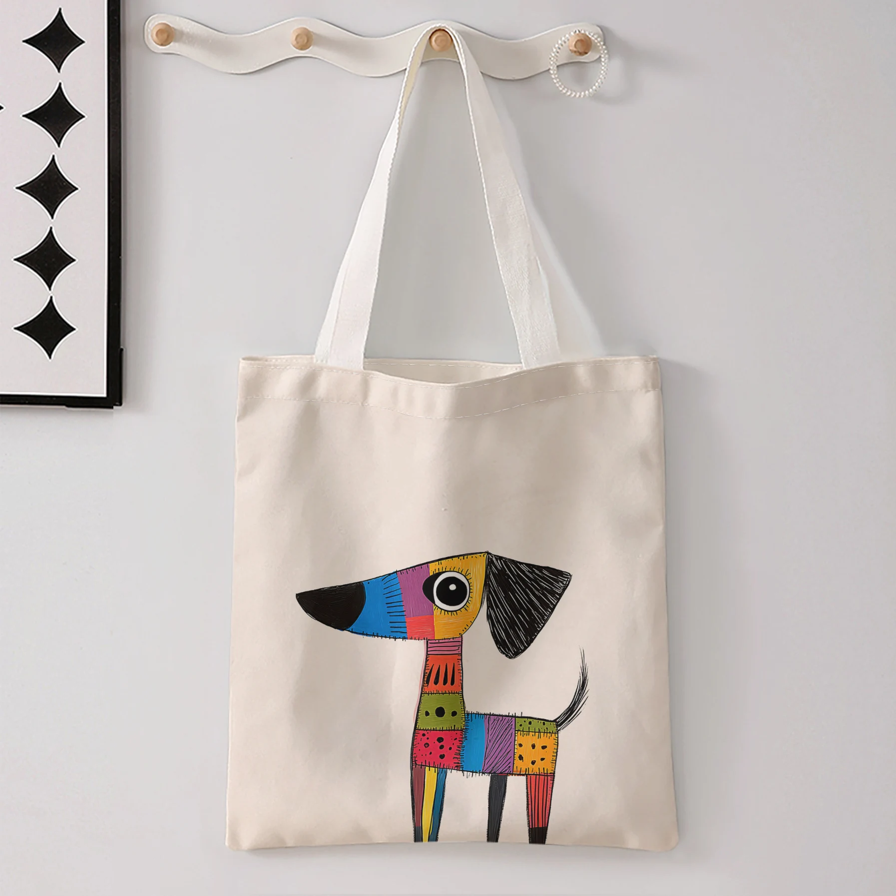 Bolso de mano grande con estampado de perro teckel abstracto en colores patchwork, bolso de hombro para compras y desplazamientos diarios