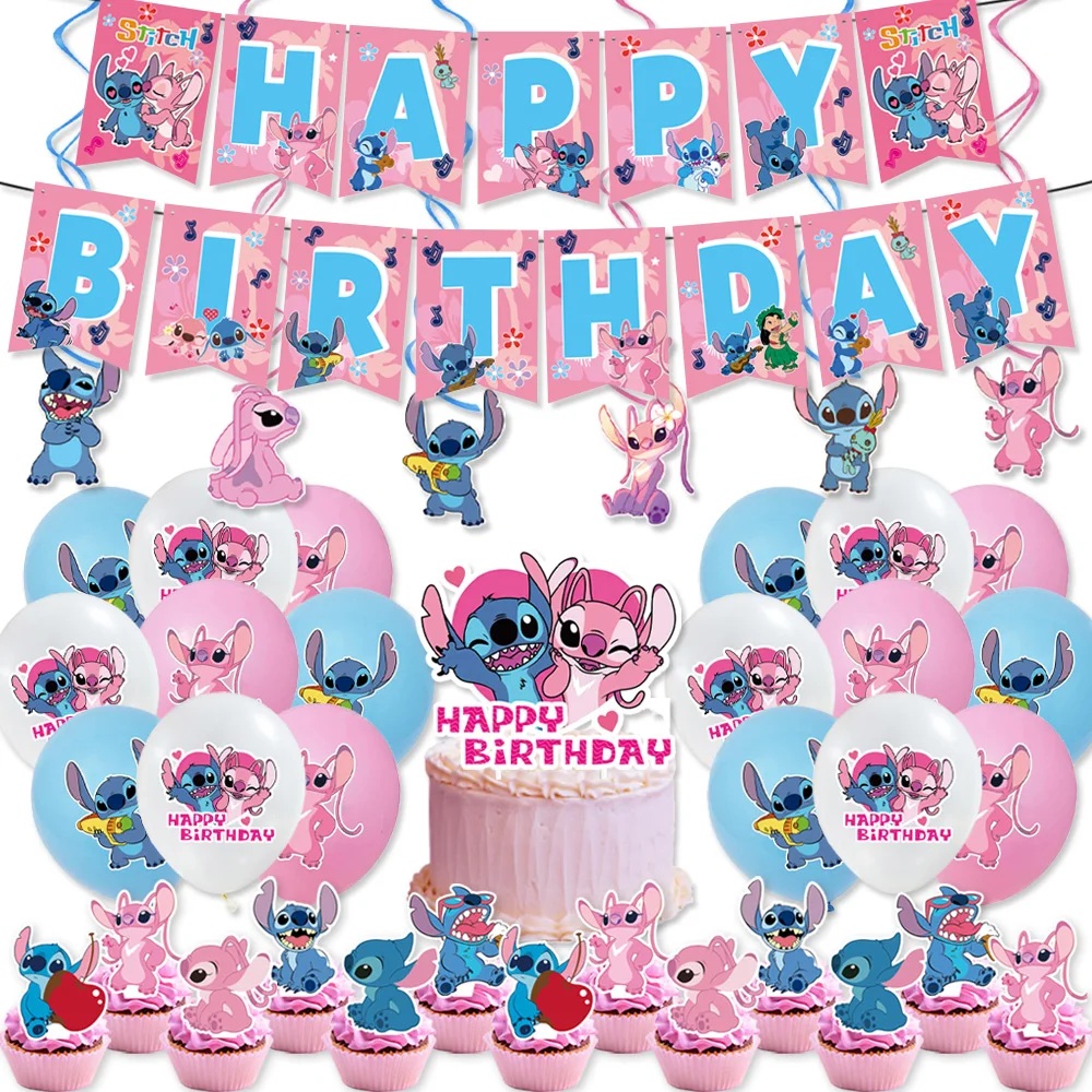 

Disney Lilo and Stitch Pink Angel Birthday Decoration Disposable Tableware Set Birthday Backdrop Kids Girl Party Supplies Gift