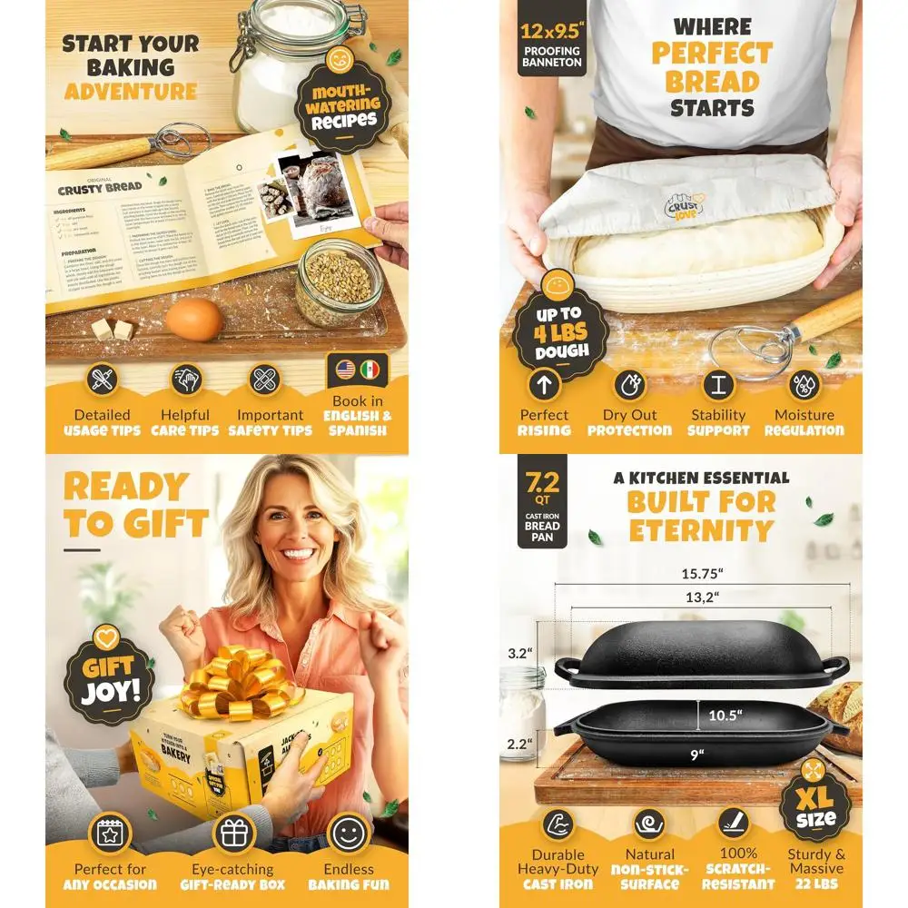 

Lidded Cast Iron Bread Pan - Sourdough Starter Kit, Banneton, 7.2QT Dutch Oven, Bread Scoring Lame