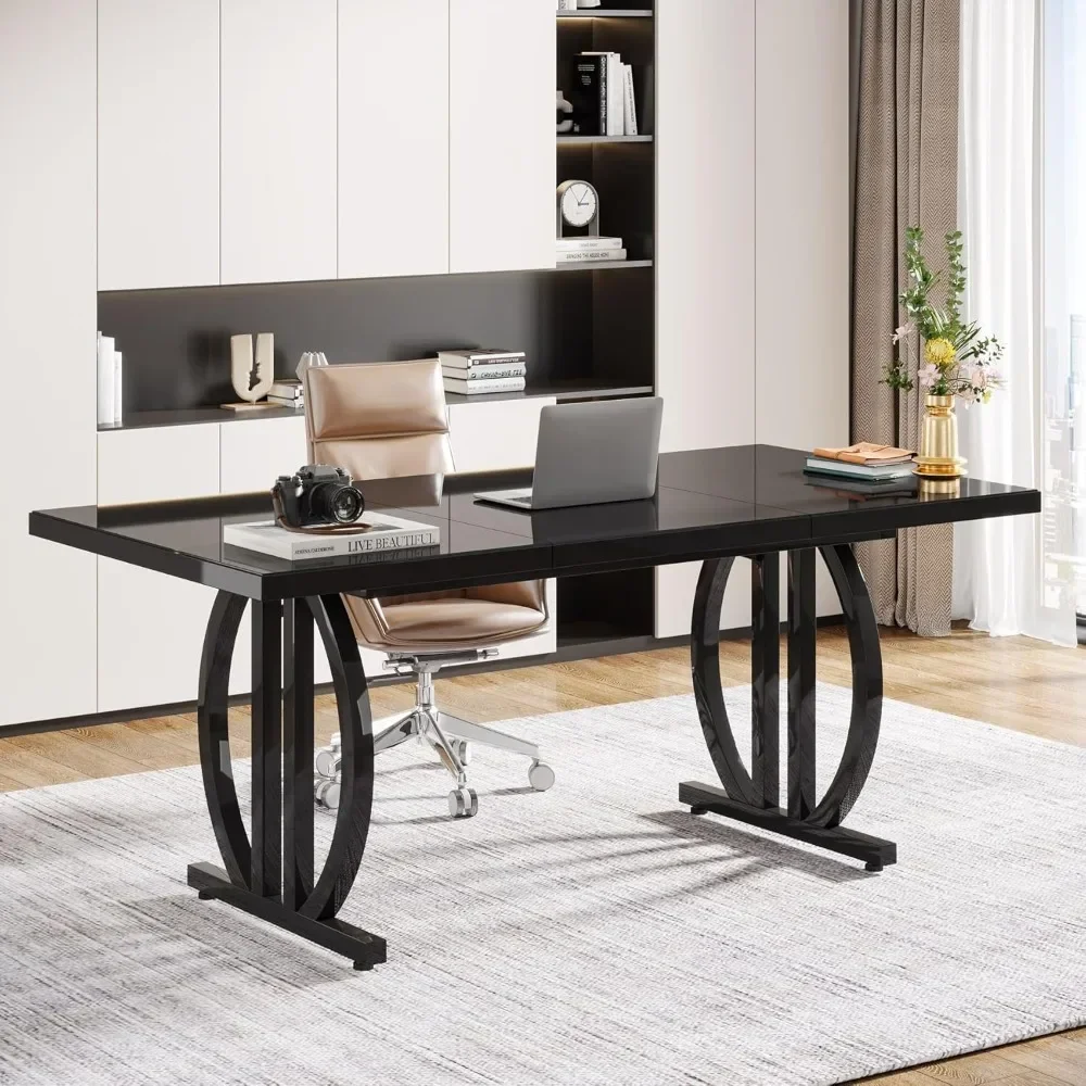 Computer Desk 63 Inch Large Modern Computer Desk With Metal Geometric Base Black Conference Table Gaming Office Furniture