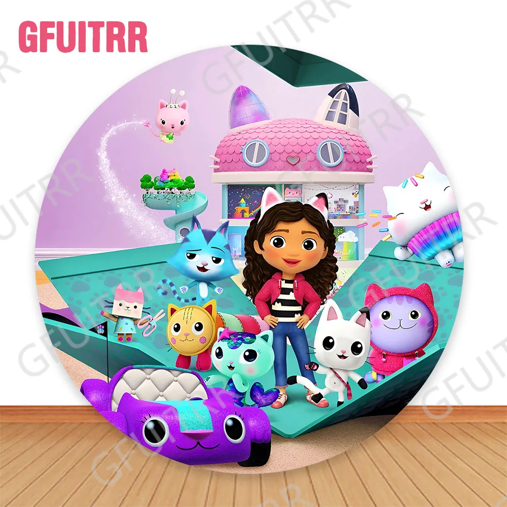 GFUITRR Gabby Dollhouse Round Backdrop Kids Baby Shower Birthday Party Decor Circle and Cylinder Covers Photo Background