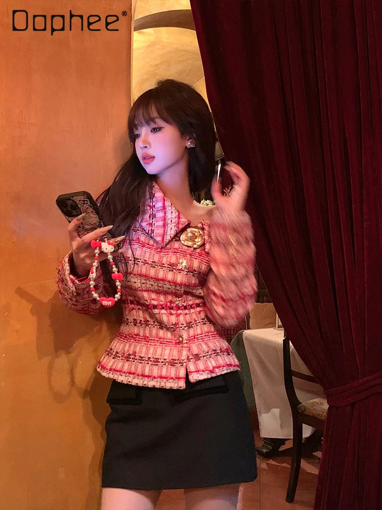 Korean Sweet Celebrity Temperament Off Shoulder Lapel Jacket Fashion Commuter Splicing Color Single-breasted Short Tweed Jackets