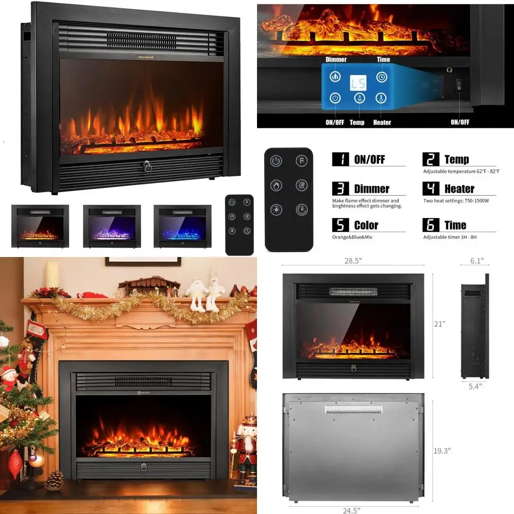 

28.5 Electric Fireplace Insert, Wall-Mounted or Freestanding Heater, Remote Control, 8H Timer, 3 Color Options