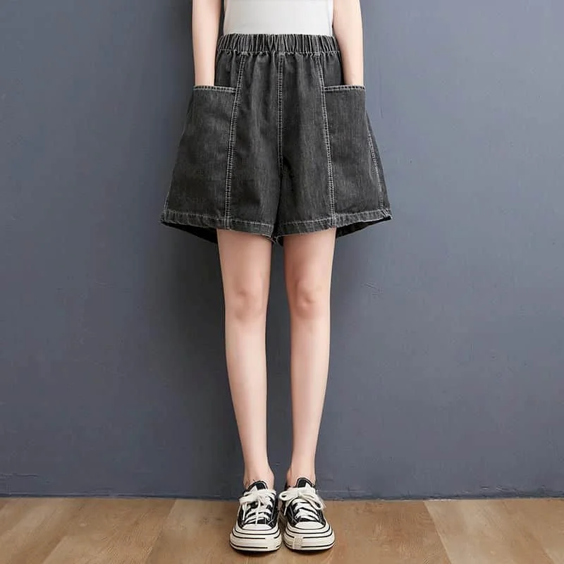 

Denim Shorts for Women Distress 2026 Summer Wear Vintage Elastic Waist Wide Leg Pants Casual Loose A-line Jeans Women Clothing
