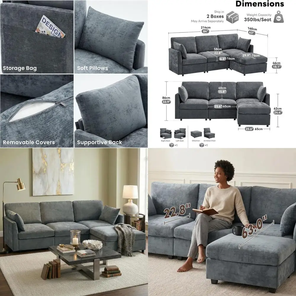 

4-Seat Grey Chenille L-Shaped Sectional Sofa with Ottoman
