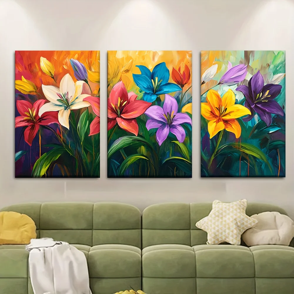 3pcs/set, Canvas Painting--Unframed, Colorful Lilies, Oil Painting Style, Posters and Prints, Living Room, Library, Office, C