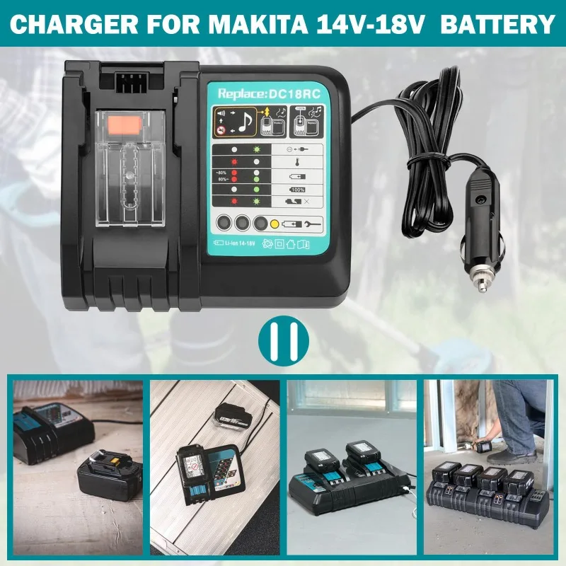 3A Battery Charger Portable Car Charger Fast-Charging Station for Makita 14.4–18V Lithium Batteries with Cigarette Lighter Plug