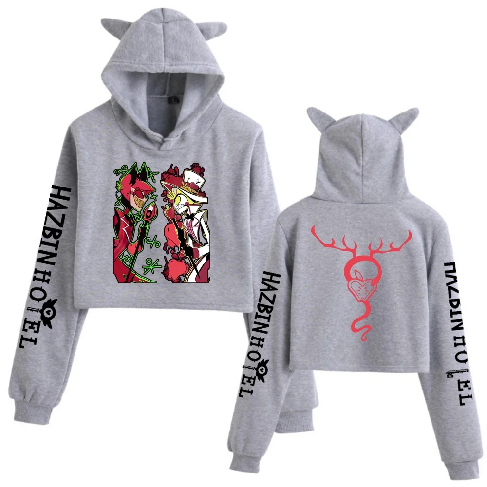 أنيمي هازبين فندق Alastor VS لوسيفر المحاصيل القمم آذان القط البلوز طويلة الأكمام الفتيات الأزياء هوديي