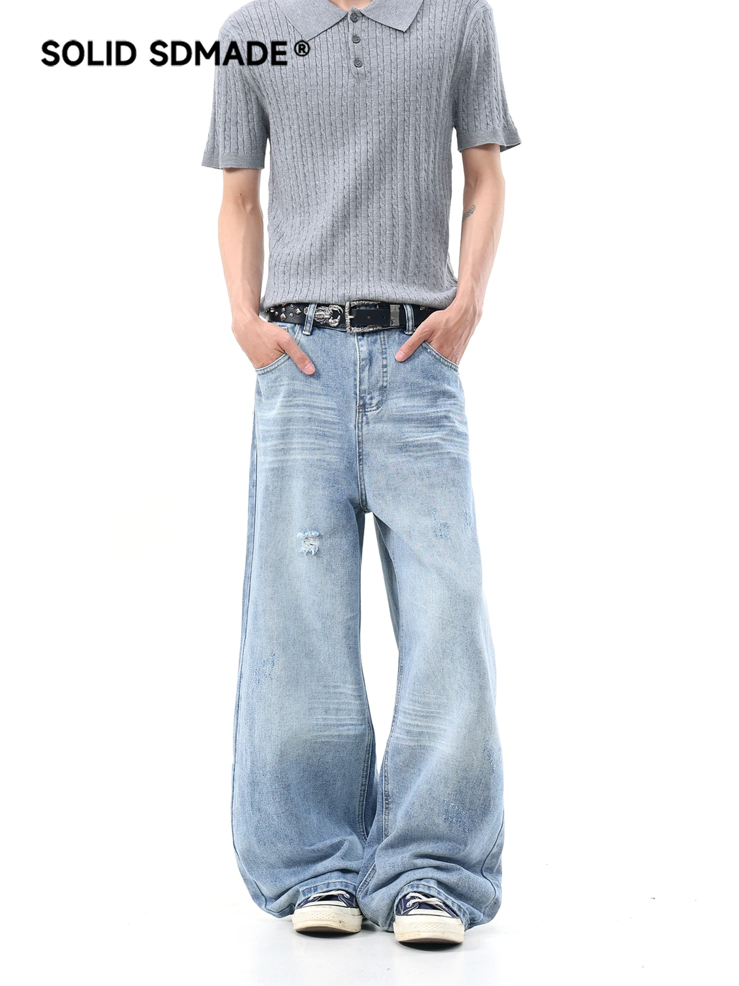 SDMADE Cleanfit American Style Loose Straight Leg Jeans Men's Wear Faded Denim Summer New Arrival Resistant to Dirt And Stains
