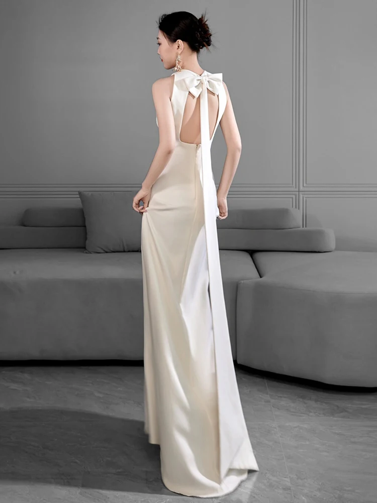 White Satin Evening Dress Simple and Generous Bride Welcome High-End Banquet Graduation Host Light Dress Summer