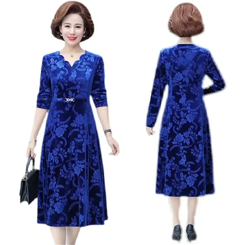 Middle-Aged And Elderly Female Autumn High Pressure Flower V-Neck Dress Temperament Long Sleeve Long Mother Dress Female Elegant