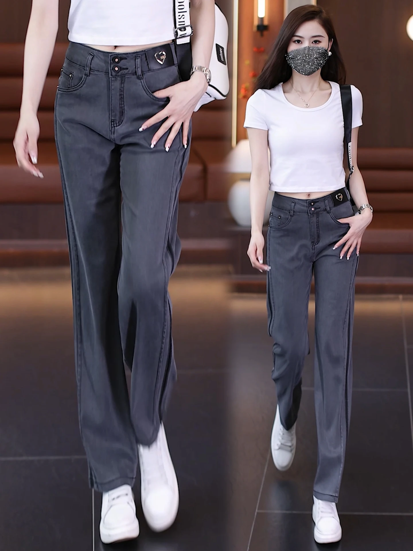 

Slim Fit Wide Leg Silk Denim Jeans Women Summer Thin High Waist Slimming Drapey Ice Silk Straight Leg Pants Casual Leisure