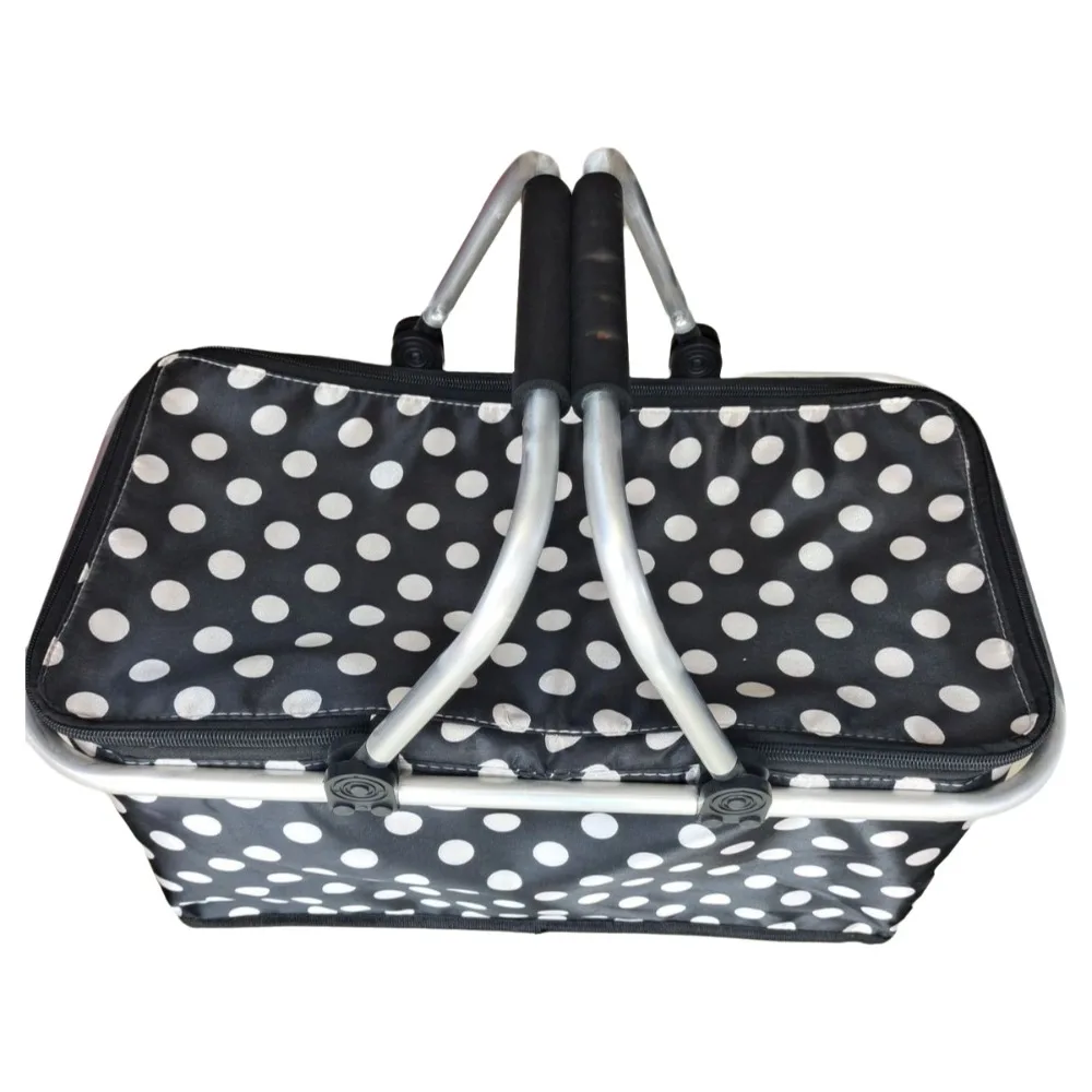 Satin Fabric Insulated Picnic Basket Polka Dot Pattern Zipper Closure Insulated Lunch Bag Insulated Lining Portable Handles