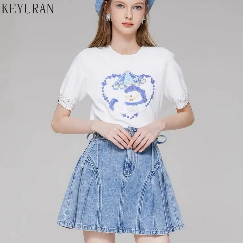 2023 Summer New Beading Embroidery Puff Short Sleeve Sweater Women Knitted T-Shirt Slim Fit Short Pullover Knitwear Tops Jumpers