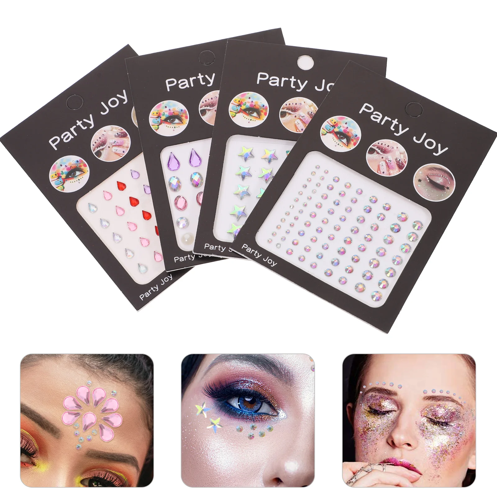 Brow and Eye Stickers para Glitter no rosto, strass, maquiagem de festivais, gemas brilhantes, Eye Patch, Jewel Bling, 4 folhas