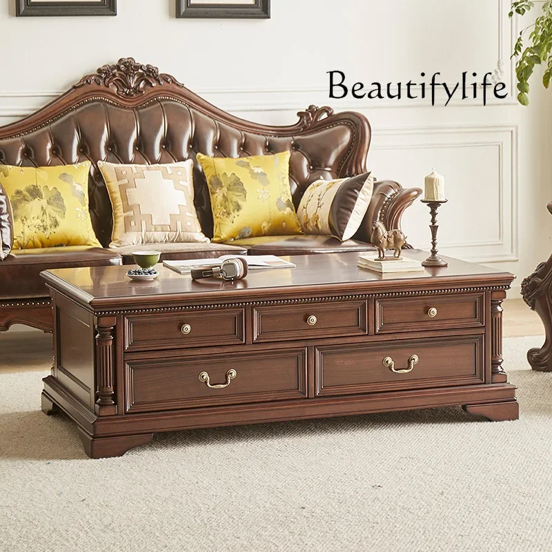 

Classic long coffee table black walnut all solid wood living room small apartment large capacity drawer storage rectangle