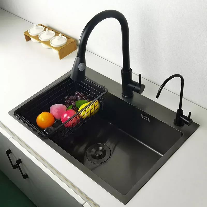 

New Matte Black Kitchen Sink Above Counter or Udermount Vegetable Washing Basin Sinks Dark Grey Stainless Steel Seamless Welding