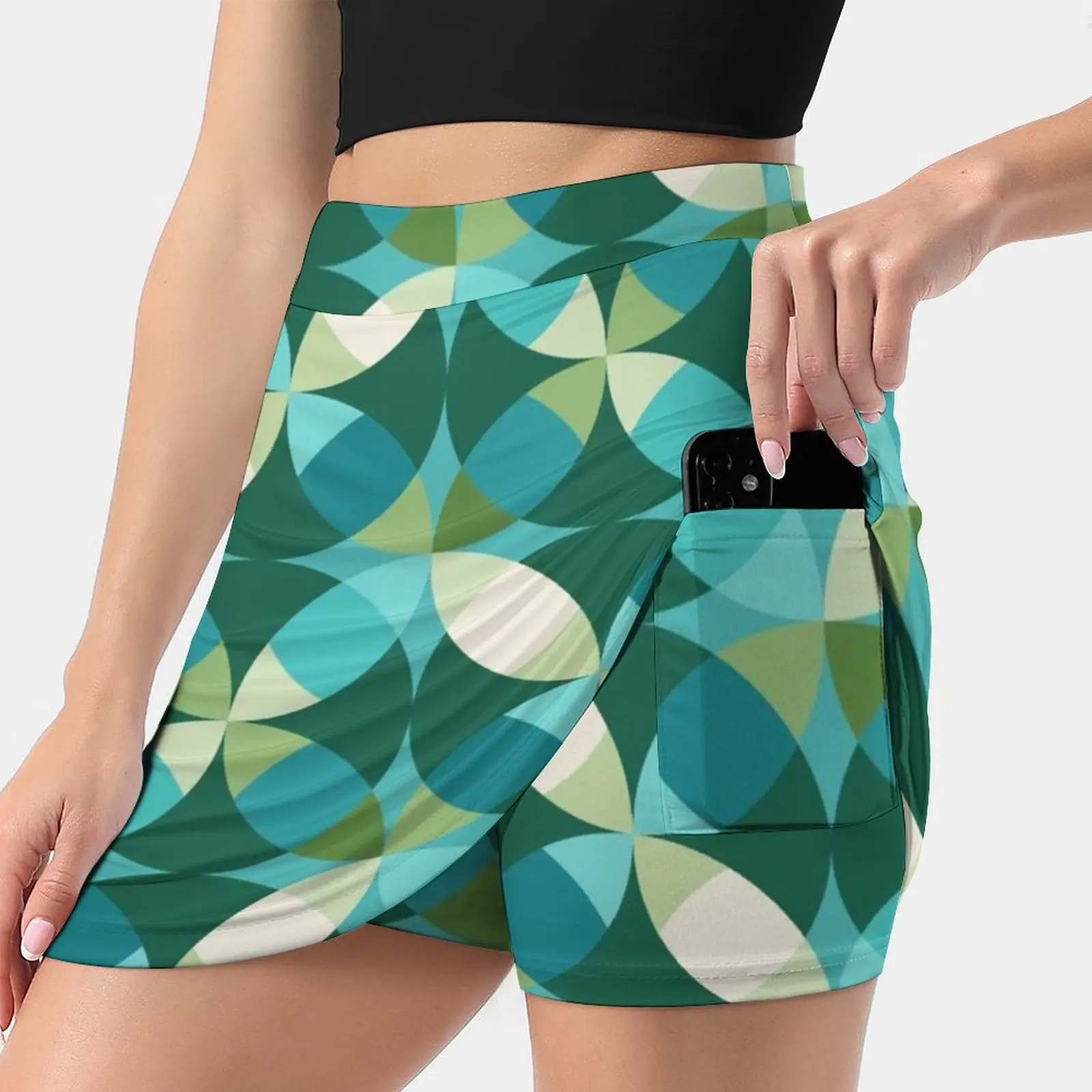 Mid Century Modern Circle Lock Print 3-Green Turquoise Teal Women's skirt Sport Skort Skirt With Pocket Fashion Korean Style