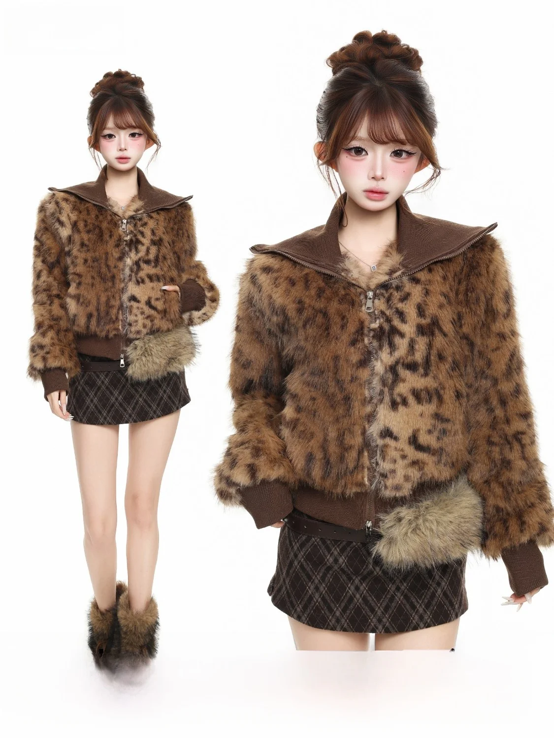 BASTERDS Retro Leopard Print Eco-Friendly Fur Short Thick Warm Coat Cotton Padded Autumn Winter New Style Turn-down Collar Ja...