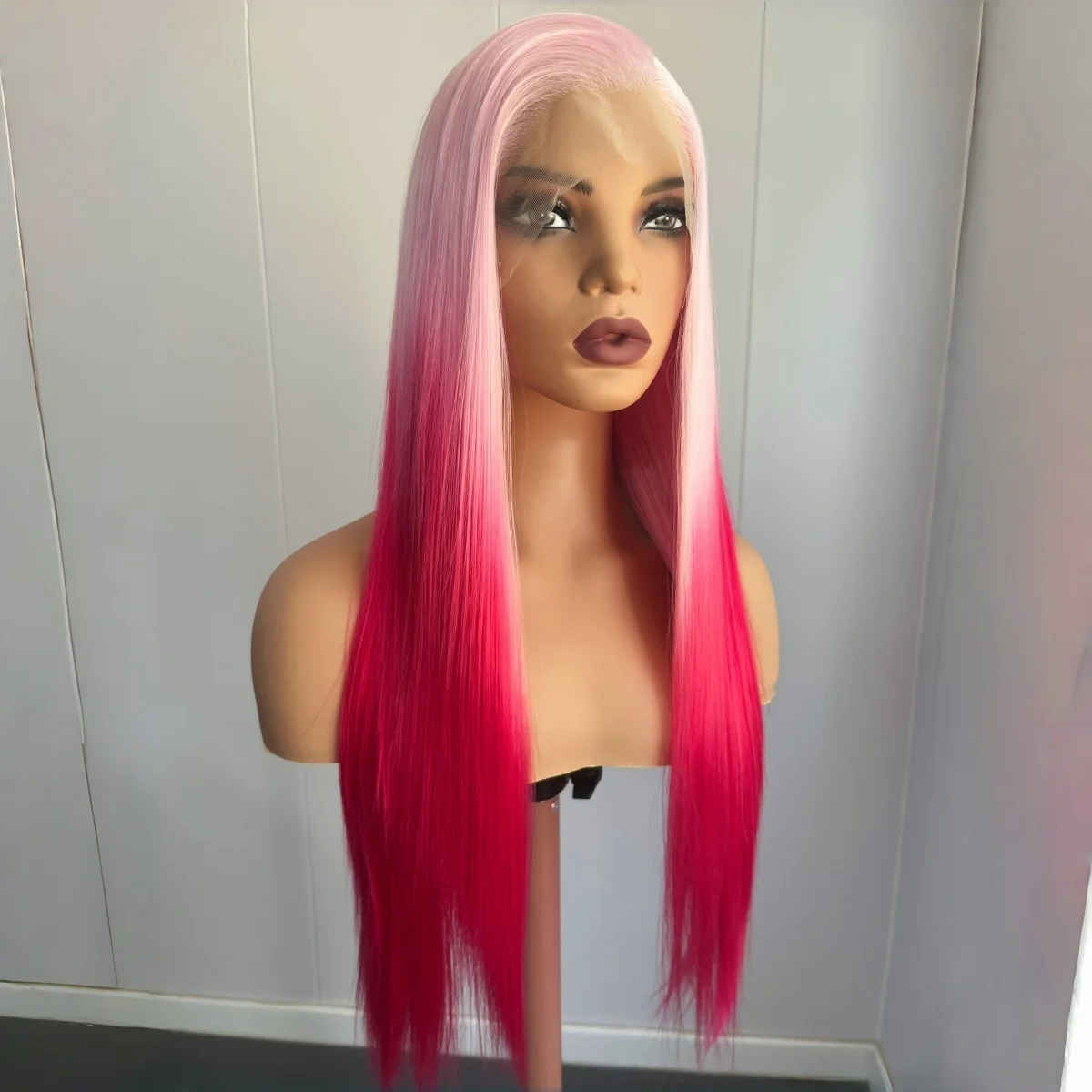 13x4 Synthetic Lace Front Wig Pastel Pink Bright Red Ombre Wig Long Silky Straight Heat Resistant for Women Daily Party Cosplay