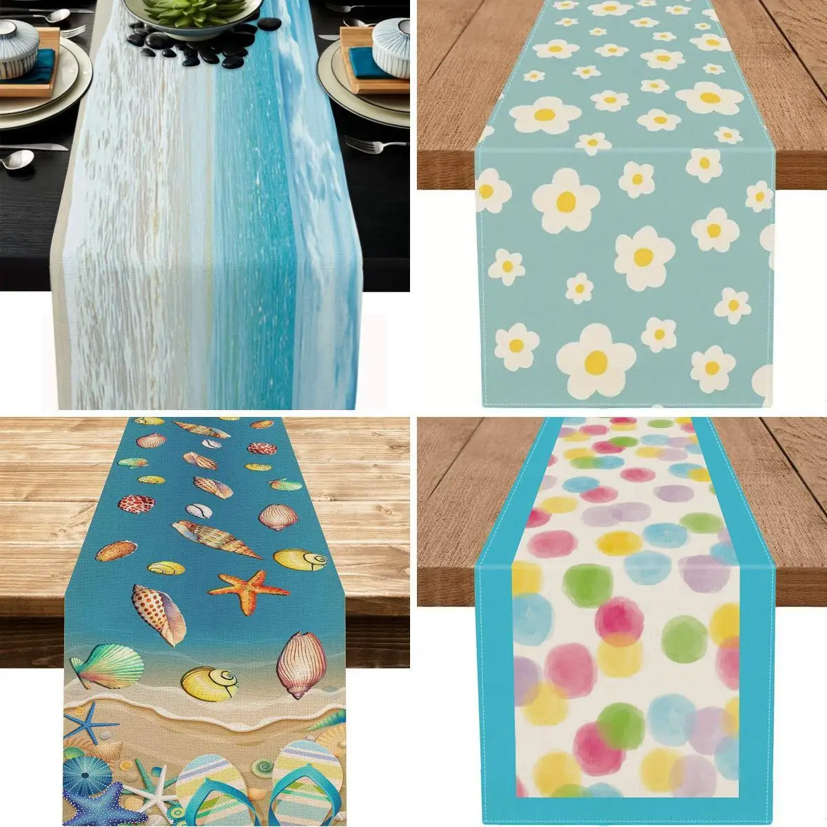 Hot Selling Summer Ocean Beach Season Linen Table Runner Party Restaurant Blue Gradient Color Decorative