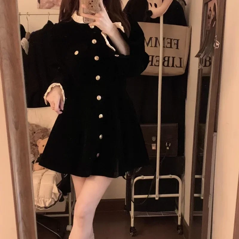 Long Sleeve Mini Dress Women Velvet Button-up A-line Elegant Temper Spring Ruffles Patchwork Ulzzang Seductive Trendy Streetwear